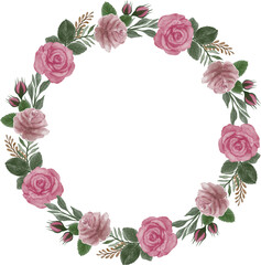 A circular floral wreath design featuring pink roses and greenery.