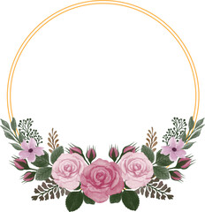 Floral wreath design with pink roses and greenery, ideal for invitations.