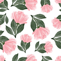 A floral pattern featuring pink flowers and green leaves on a white background.