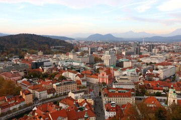 Aerial view of central Ljubljana, capital of  Slovenia, from Ljubljana Castle. Autumn in the picturesque city.