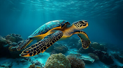 Fototapeta premium A sea turtle gracefully swimming through vibrant coral reefs.