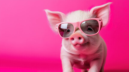 A cute domestic mini pig wearing stylish sunglasses