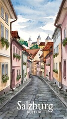 Obraz premium Illustrated Salzburg street, watercolor