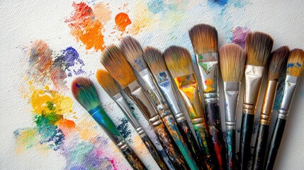 Fototapeta premium A vibrant arrangement of paintbrushes and a watercolor set on a white surface, with ample copy space, ideal for showcasing artistic creativity.