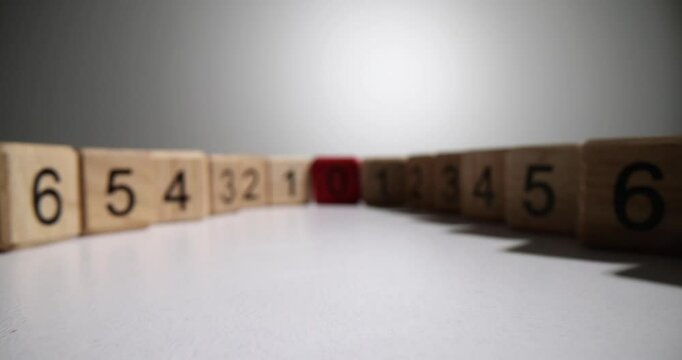Wooden cubes with numbers lead to red to zero. Learning math and logic concept