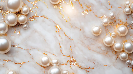 Pearls delicately scattered across a marble surface with golden veins