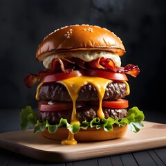 Delicious hamburger with beef bacon cheese and fresh vegetables isolated on a black background