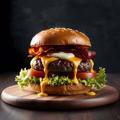 Delicious hamburger with beef bacon cheese and fresh vegetables isolated on a black background