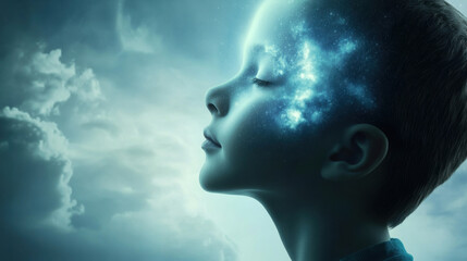 Obraz premium Child's profile with a galaxy illuminating their face, symbolizing imagination, AI