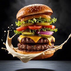 Delicious hamburger with beef bacon cheese and fresh vegetables isolated on a black background