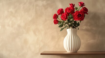 Naklejka premium Red Roses in a White Vase on a Wooden Shelf Against a Tan Wall