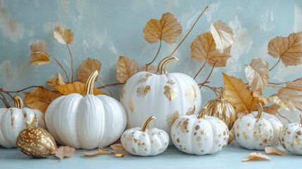 A whimsical scene featuring white and gold decorative pumpkins and leaves, set against a pale blue backdrop, creating a festive fall vibe.