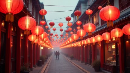 Chinese New Year, bright red lanterns on a pedestrian street decorate the city.