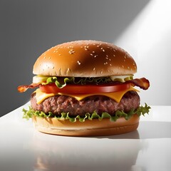 Delicious hamburger with beef bacon cheese and fresh vegetables 