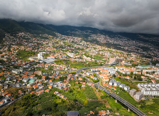 Aerial drone view of Funchal town, Madeira island, Portugal