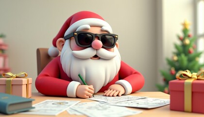 Santa Claus focuses on sketching a holiday-themed illustration at his desk. Surrounded by gift boxes and festive decorations, he’s putting final touches on his Christmas creativity.