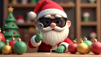 Santa, with a magnifying glass in hand, inspects colorful Christmas ornaments in a festive workshop setting, showcasing his detail-oriented holiday preparations.