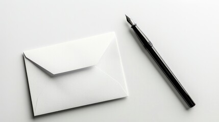 White Envelope and Black Fountain Pen on White Background