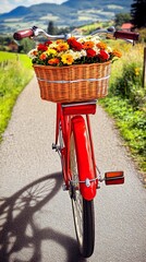 A red bicycle with a wicker basket filled with colorful flowers stands on a country road.