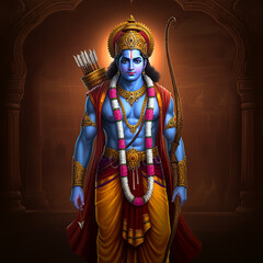 Lord Rama standing strong with a bow, ready for battle, symbolizing righteousness and divine strength