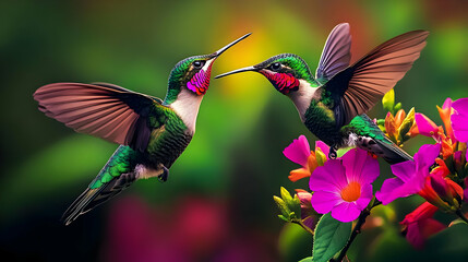 Two vibrant hummingbirds hovering near colorful flowers.