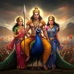 Obraz premium Lord Murugan standing tall with his consorts Valli and Devasena, alongside a majestic peacock, radiating divine strength