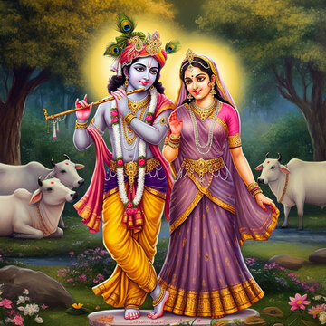 Krishna and Radha walking together, surrounded by cows in a pastoral scene, with Krishna playing the flute