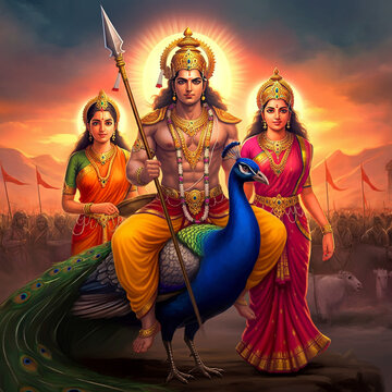 Lord Murugan seated on a peacock, accompanied by Valli and Devasena, set against a dramatic and divine backdrop of mountains and sunlight