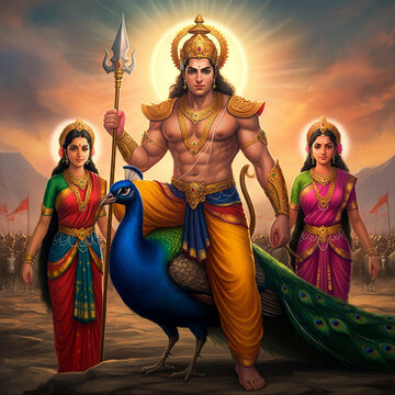 Lord Murugan with his consorts Valli and Devasena, holding his spear, with a peacock at his side, radiating divine power