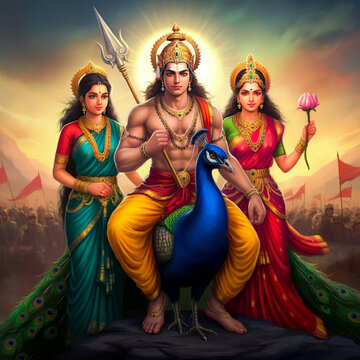 Lord Murugan with Valli and Devasena, seated on a peacock, holding a spear, symbolizing victory and divine leadership