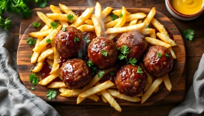 Boulets Liégeois with Sweet and Sour Sauce and Fries (Belgian Cuisine)