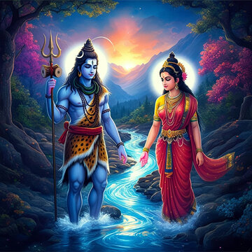 Lord Shiva and Goddess Parvati walking together, surrounded by divine light and energy in a vibrant, mystical landscape