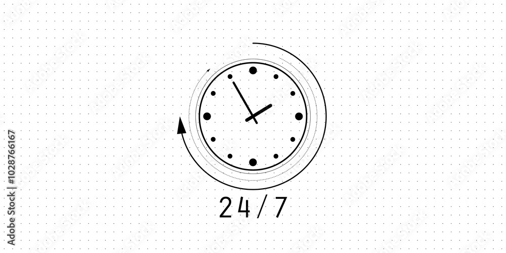 Poster Black clock icon with 24 7 below on white dotted background. Minimalistic and clean design concept for time management and service availability. 3D Rendering