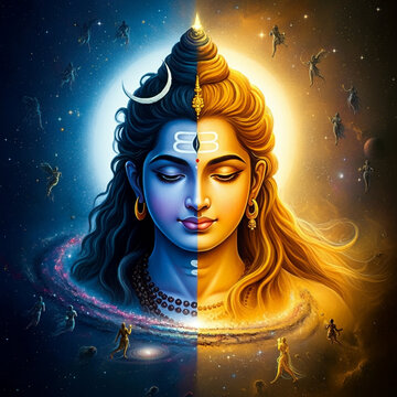 A divine representation of Lord Shiva with a dual-tone effect, split between golden light and cool blue, symbolizing balance