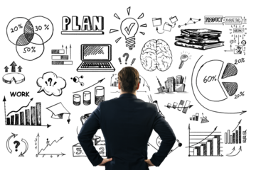 Businessman viewed from the back, standing in front of hand-drawn business and strategy sketches on a clean white background, concept of planning