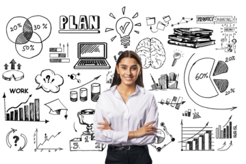 Businesswoman with crossed arms smiling, standing in front of a whiteboard full of hand-drawn business diagrams and concepts on a white background. Concept of business planning, strategy, and learning