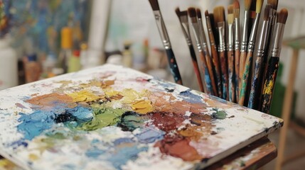 Obraz premium An artistic scene featuring a watercolor palette and brushes on a white backdrop, providing a clean space for creative expressions and ideas.