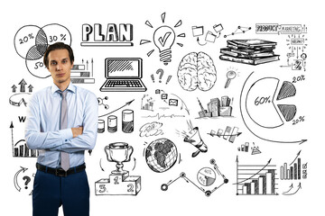 Businessman in formal attire standing arms crossed, surrounded by sketched charts, graphs, and strategy icons on a white background. Concept of business planning and success