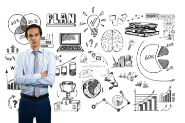 Businessman in formal attire standing arms crossed, surrounded by sketched charts, graphs, and strategy icons on a white background. Concept of business planning and success