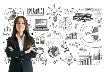 A confident businesswoman in a suit stands beside hand-drawn business strategy sketches, symbols, and charts on a white background, symbolizing planning and success