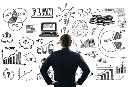 Businessman viewed from the back, standing in front of hand-drawn business and strategy sketches on a clean white background, concept of planning