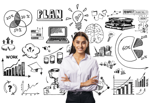 Businesswoman with crossed arms smiling, standing in front of a whiteboard full of hand-drawn business diagrams and concepts on a white background. Concept of business planning, strategy, and learning