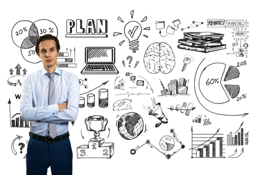 Businessman in formal attire standing arms crossed, surrounded by sketched charts, graphs, and strategy icons on a white background. Concept of business planning and success