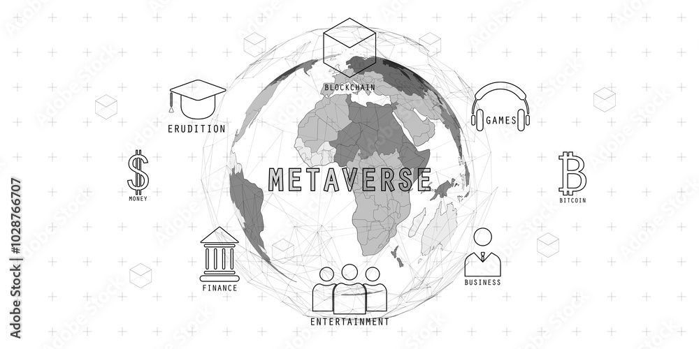 Poster global map with metaverse, surrounded by various icons like education, finance, games, and business 