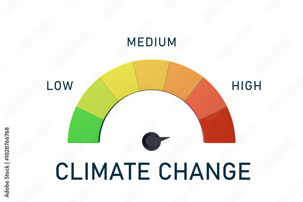 Poster isolated climate change bar illustrating low, medium, and high levels with a pointer, on a clean whi