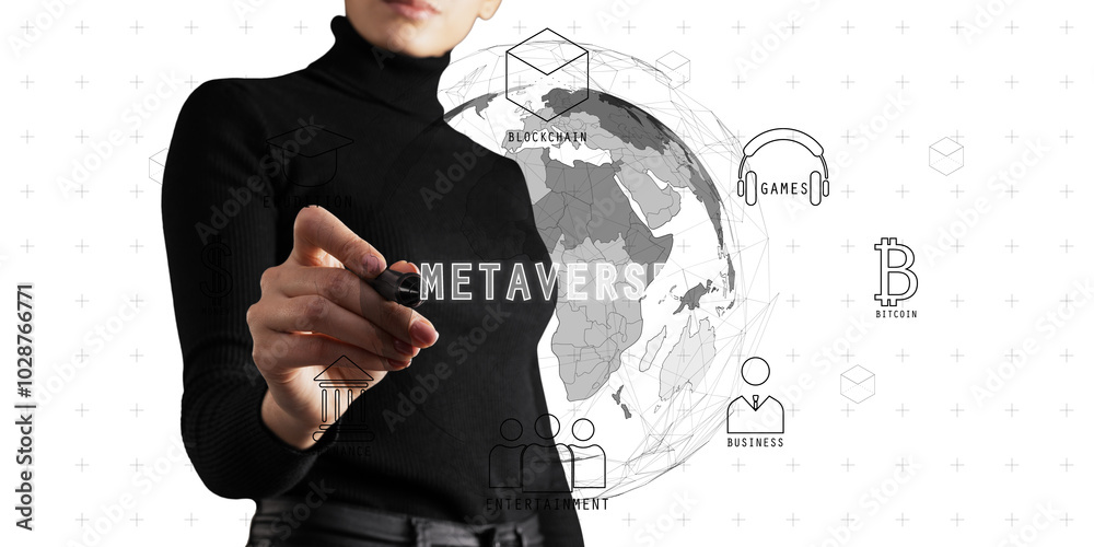 Poster a woman in black interacts with a virtual metaverse hologram. global icons, blockchain, and digital 