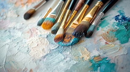 Obraz premium An elegant arrangement of paintbrushes and a watercolor set on a white surface, perfect for promoting art concepts with ample copy space.