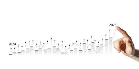 A hand pointing at 2025 with a financial candlestick chart along with a trend line. Clean white background. Concept of future business growth