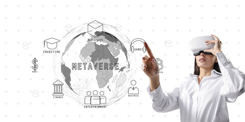 Woman wearing VR headset, interacting with virtual metaverse icons like blockchain, games, and finance. White background, tech concept