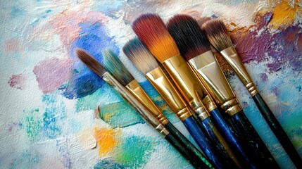 Obraz premium An elegant arrangement of paintbrushes and a watercolor set on a white surface, perfect for promoting art concepts with ample copy space.